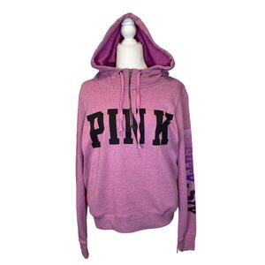 Victoria's Secret PINK 86 Fleece Sweatshirt Pink Hooded Qtr Zip Pockets Ties